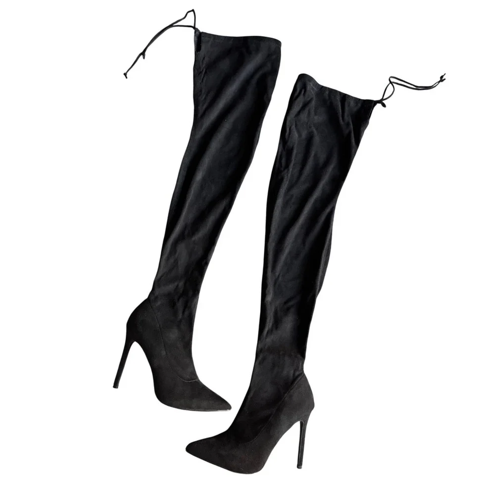 LILIANA Black Pointed Toe Stiletto Over Knee Boots 8.5 Whimsigoth Party‎ Sexy